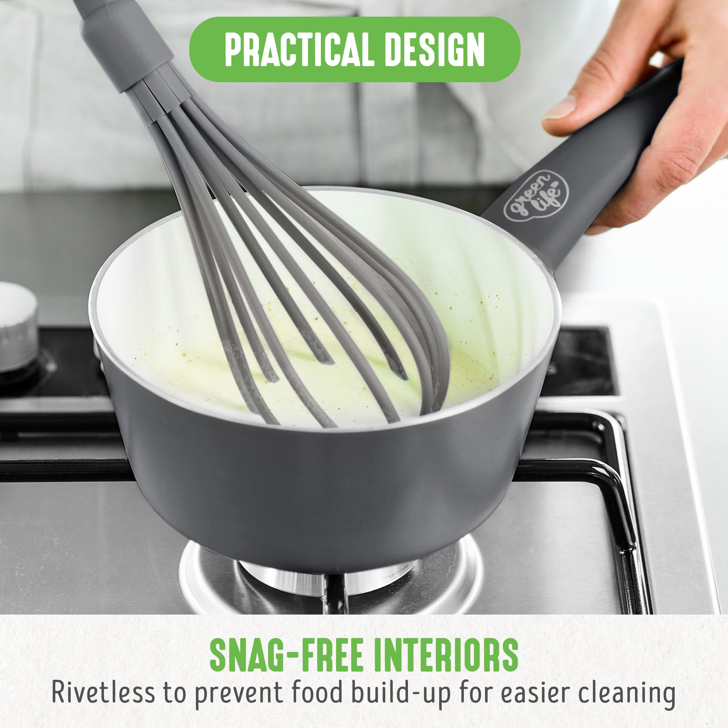 GreenLife pan inside oven at 350°F to show oven-safe capability, finish protection reminder