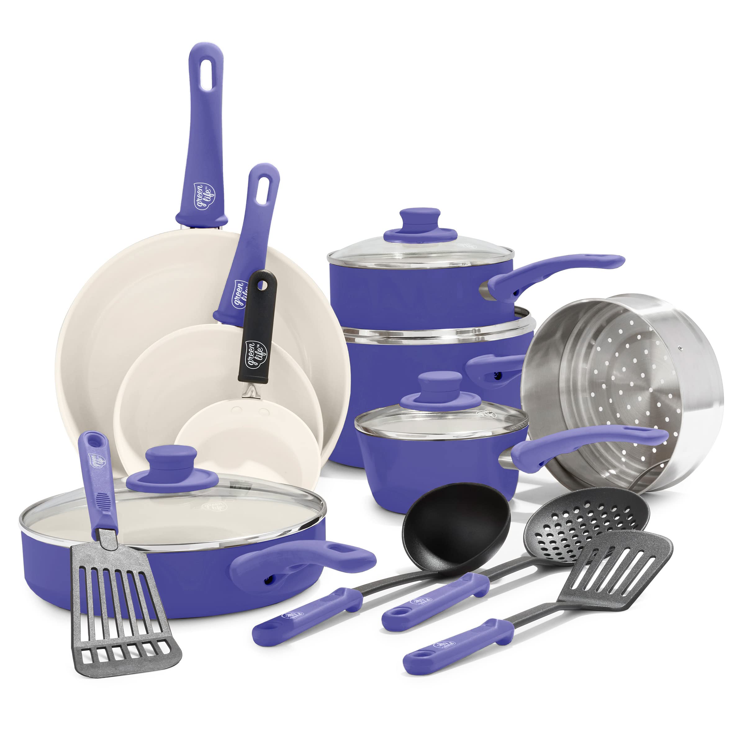 GreenLife front packaging showing full periwinkle cookware set and essentials
