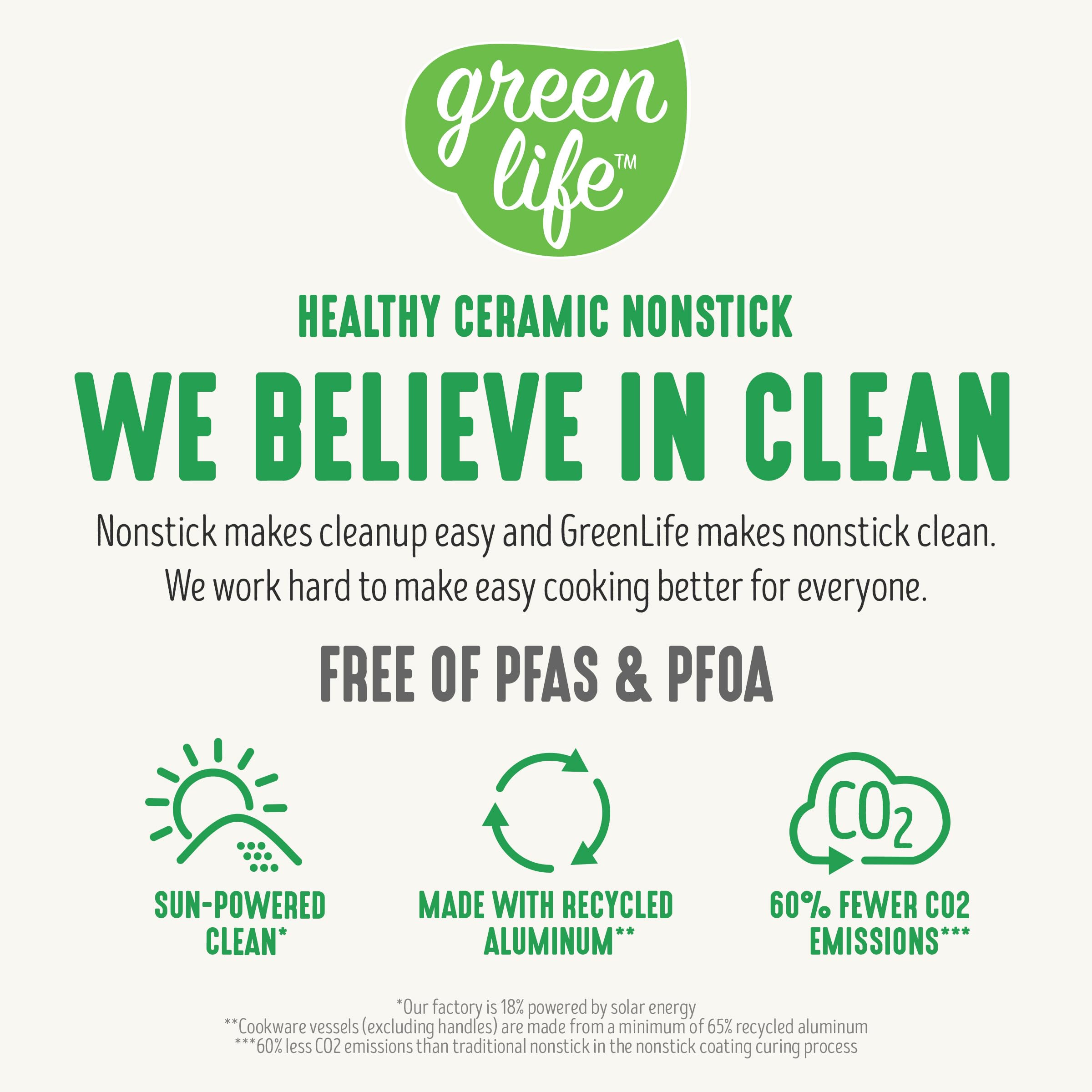 GreenLife recycled material badge beside pan, eco-conscious construction highlighted