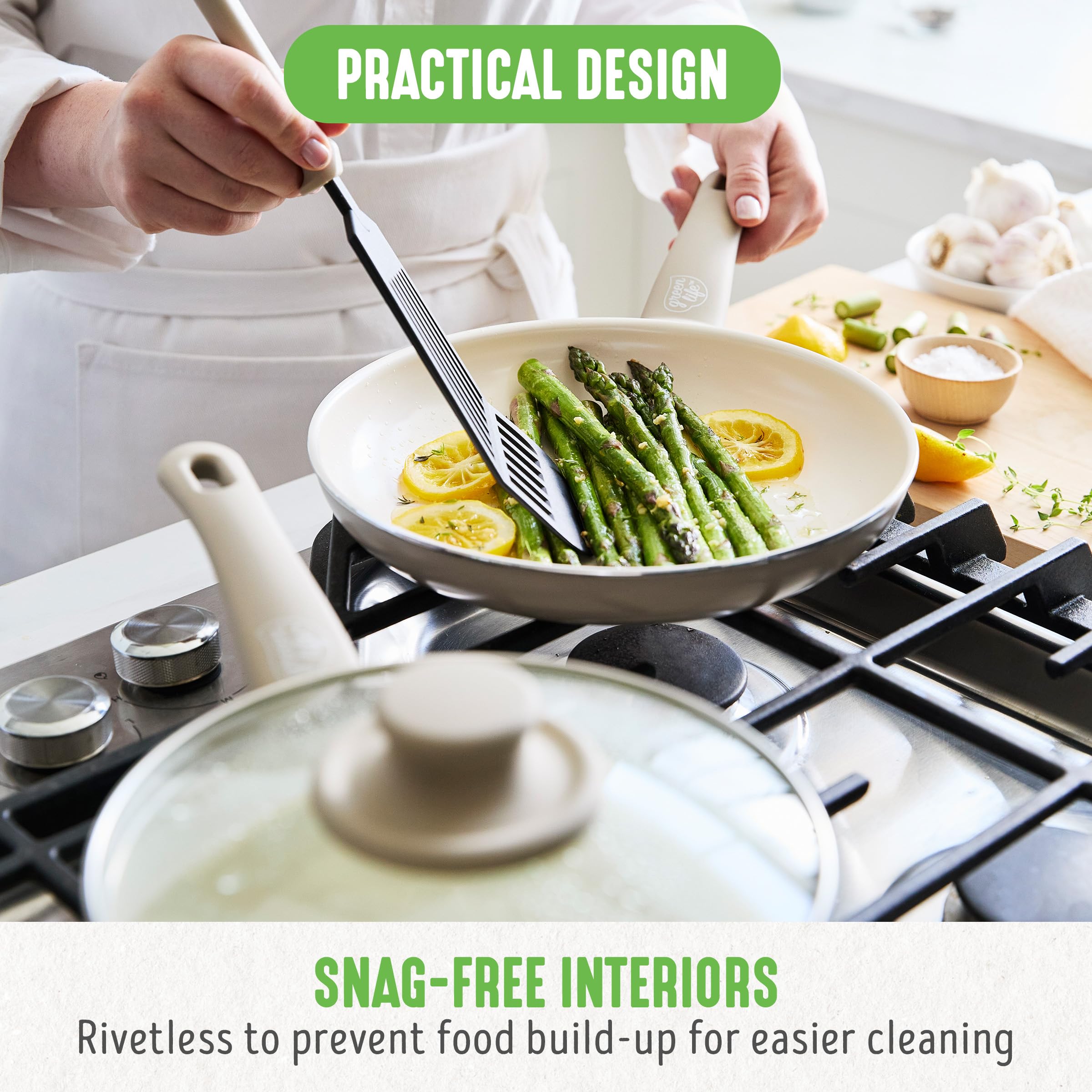 GreenLife rivetless interior texture demonstrating easy cleanup benefit
