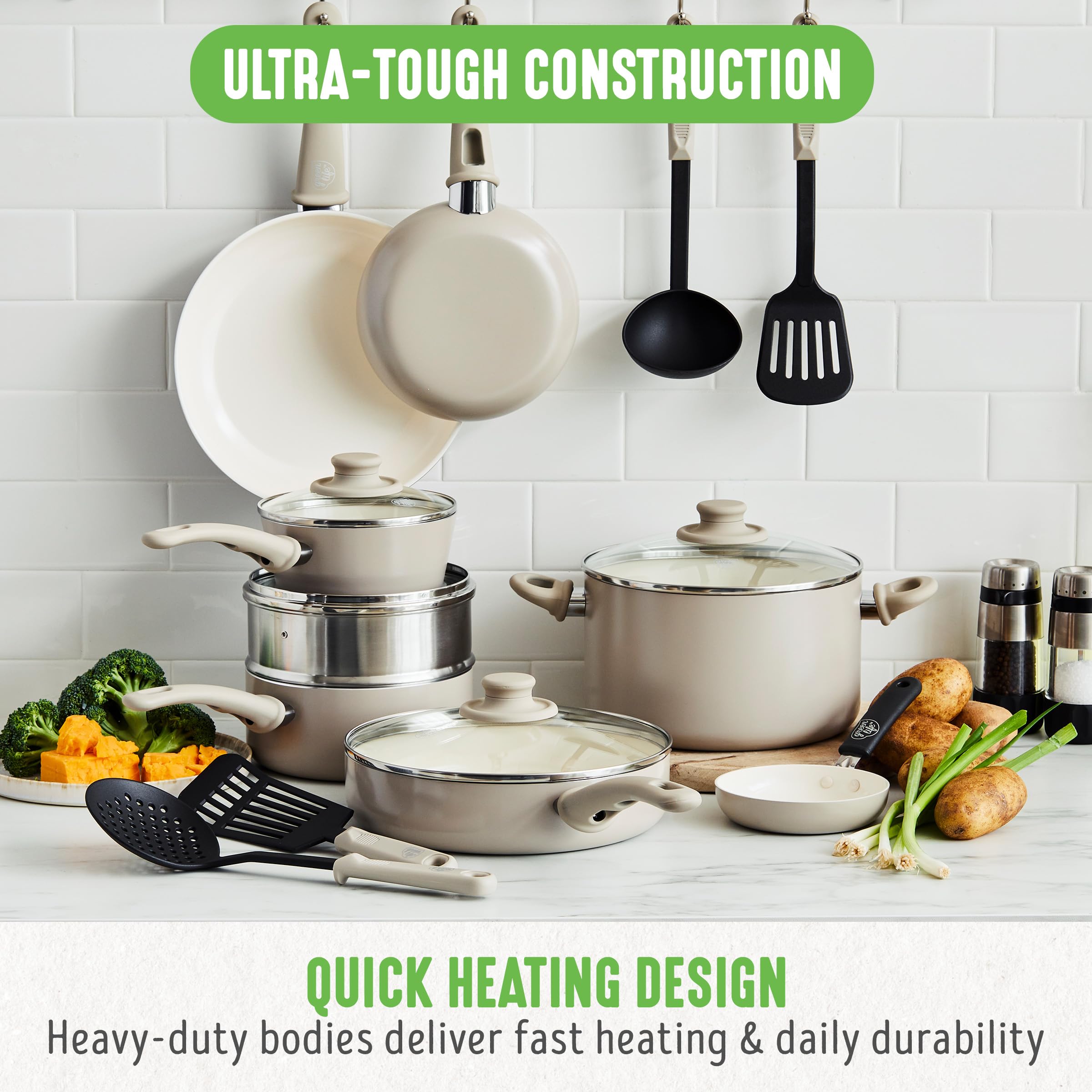 GreenLife sauté pan cooking vegetables illustrating even heat and control