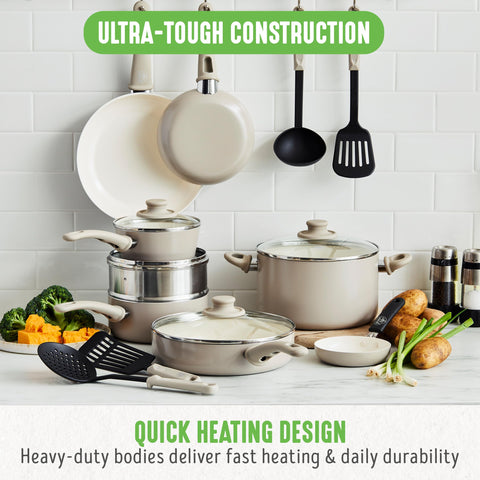 GreenLife sauté pan cooking vegetables illustrating even heat and control