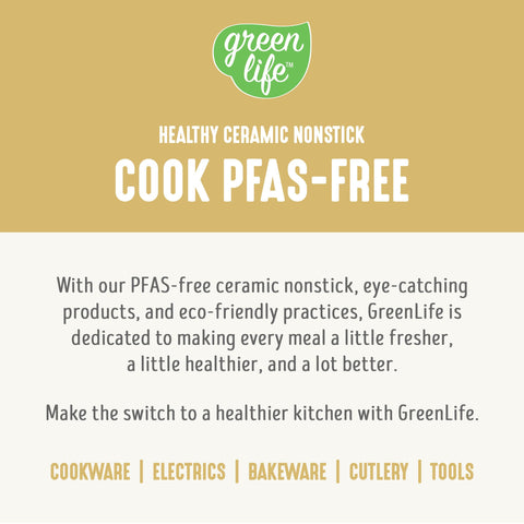GreenLife cookware beside fruit showing scale and everyday kitchen size