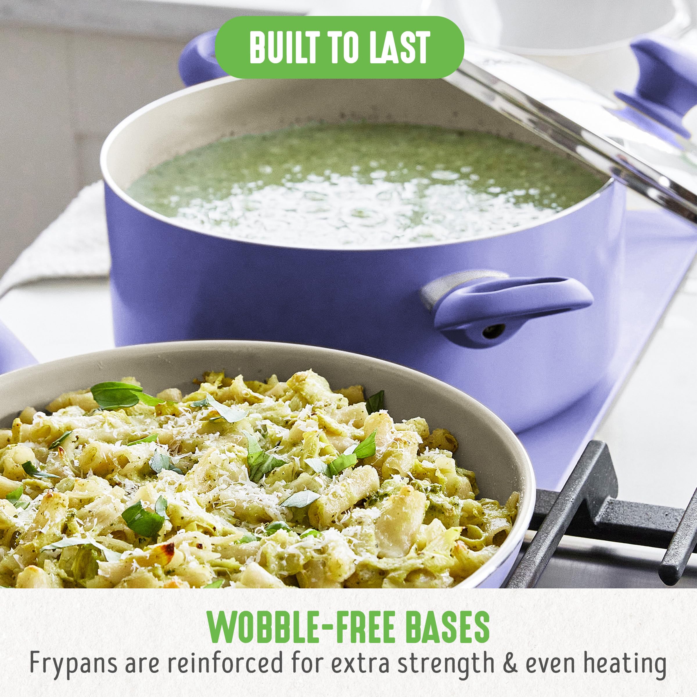 GreenLife pans stacked to show size scale and storage-friendly footprint