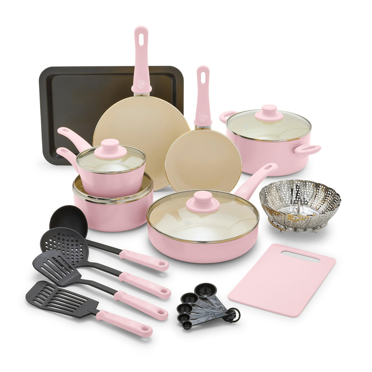 GreenLife front packaging showing set contents and soft pink finish benefits easy organization