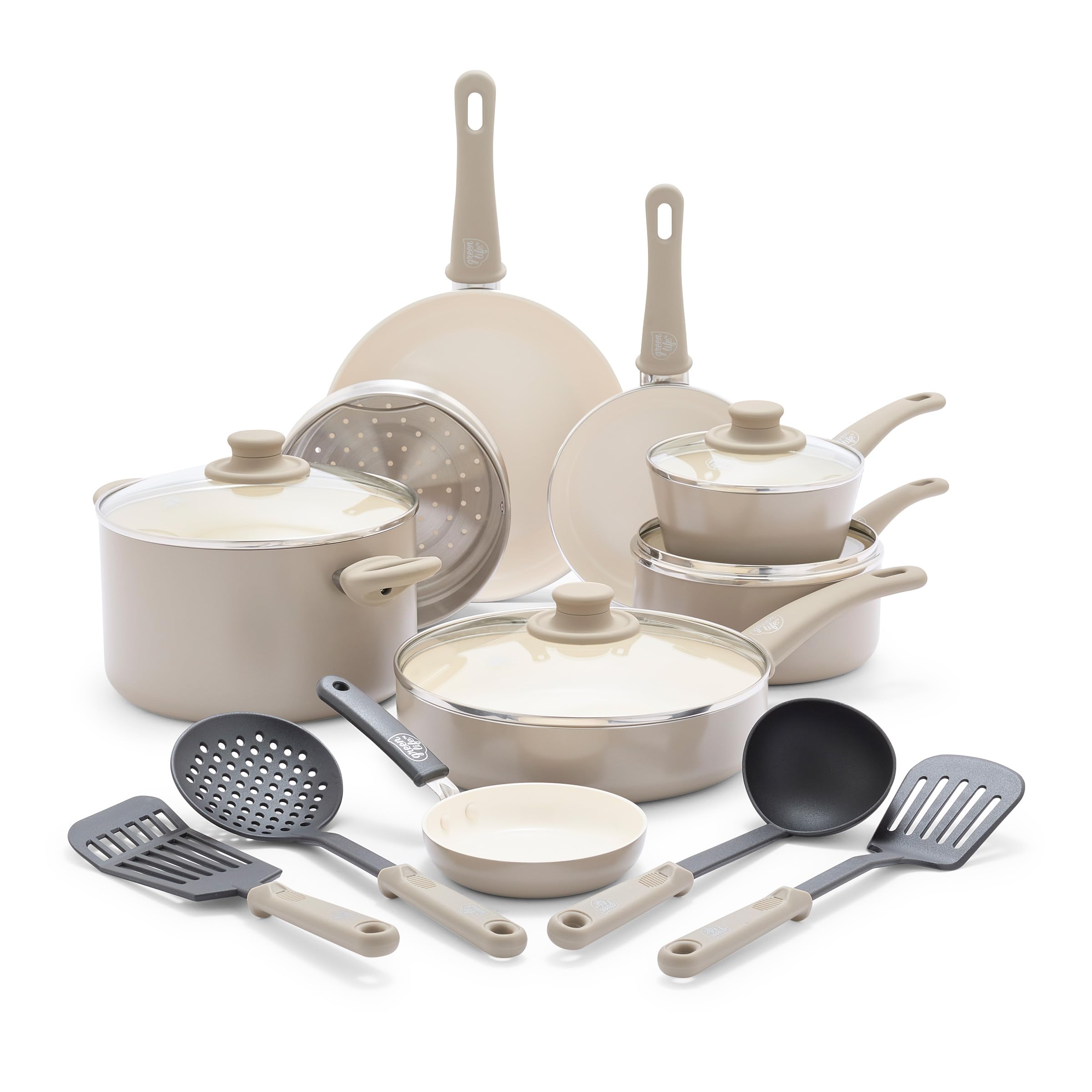 GreenLife full 16-piece set front view showing taupe finish and lids benefits