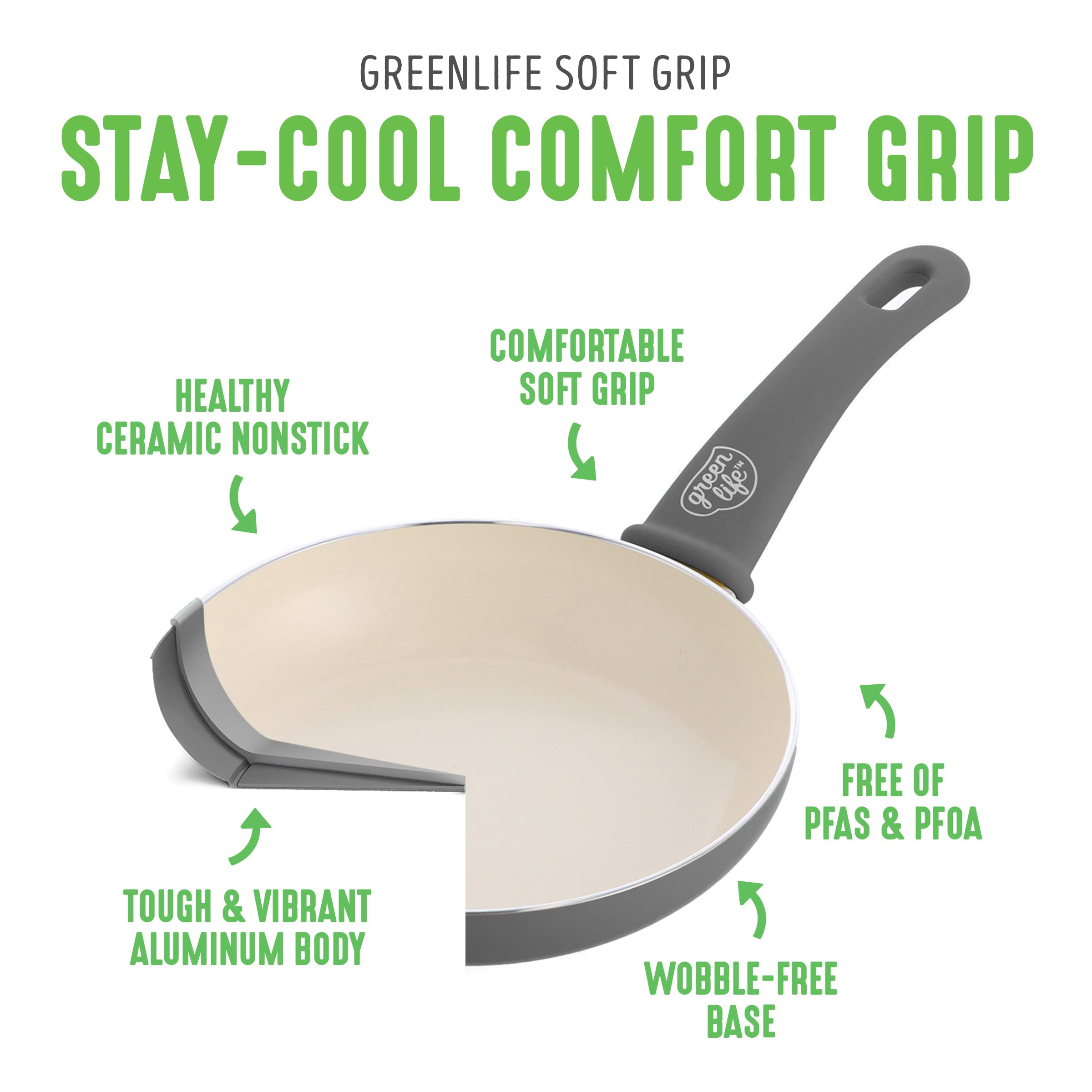 GreenLife soft grip handle detail, comfortable stay-cool grip for safer handling