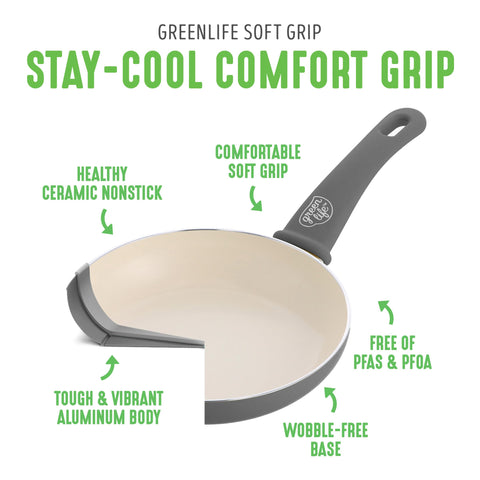 GreenLife soft grip handle detail, comfortable stay-cool grip for safer handling