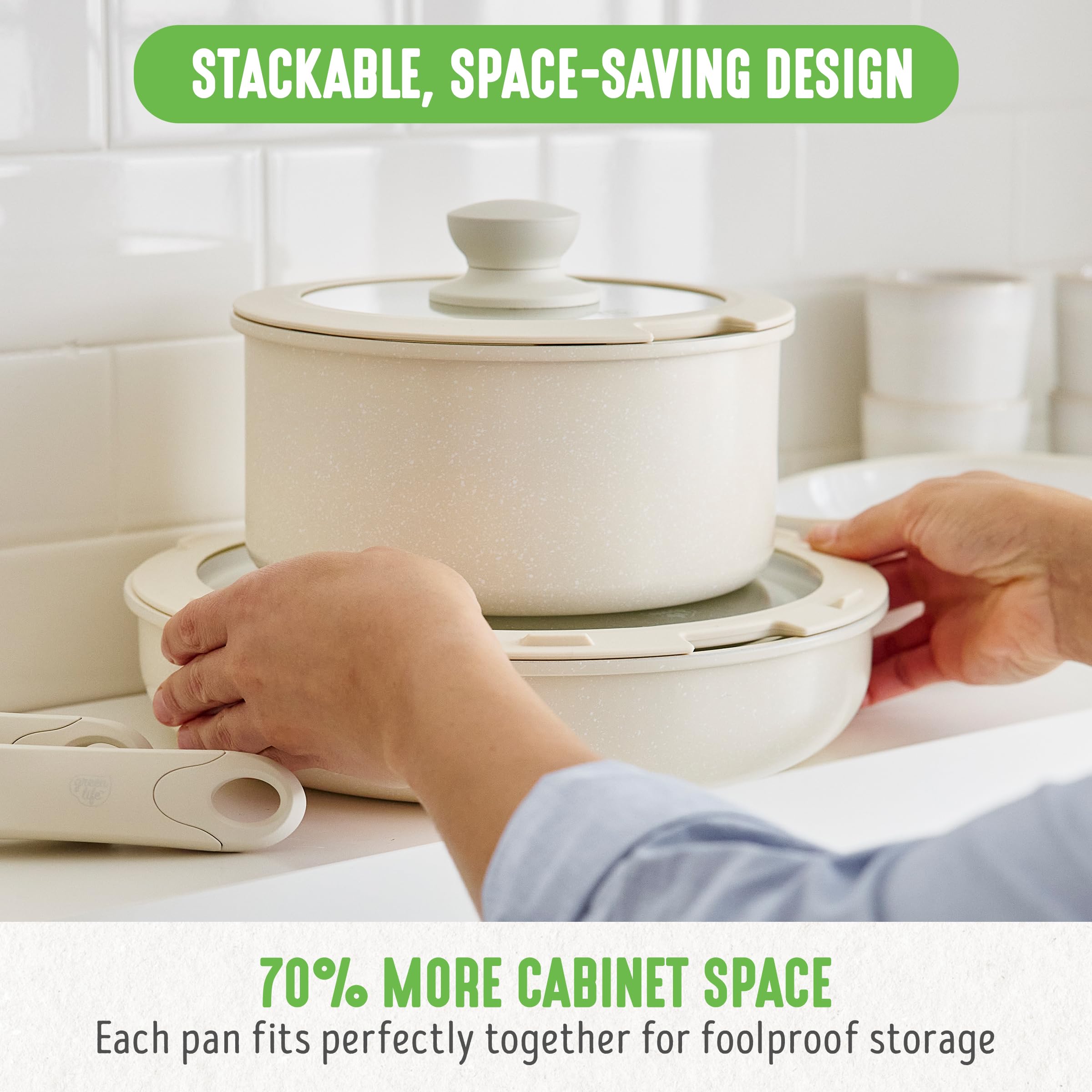 GreenLife pans stacked to show space-saving storage and organized cabinet benefit