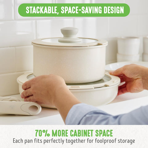 GreenLife pans stacked to show space-saving storage and organized cabinet benefit