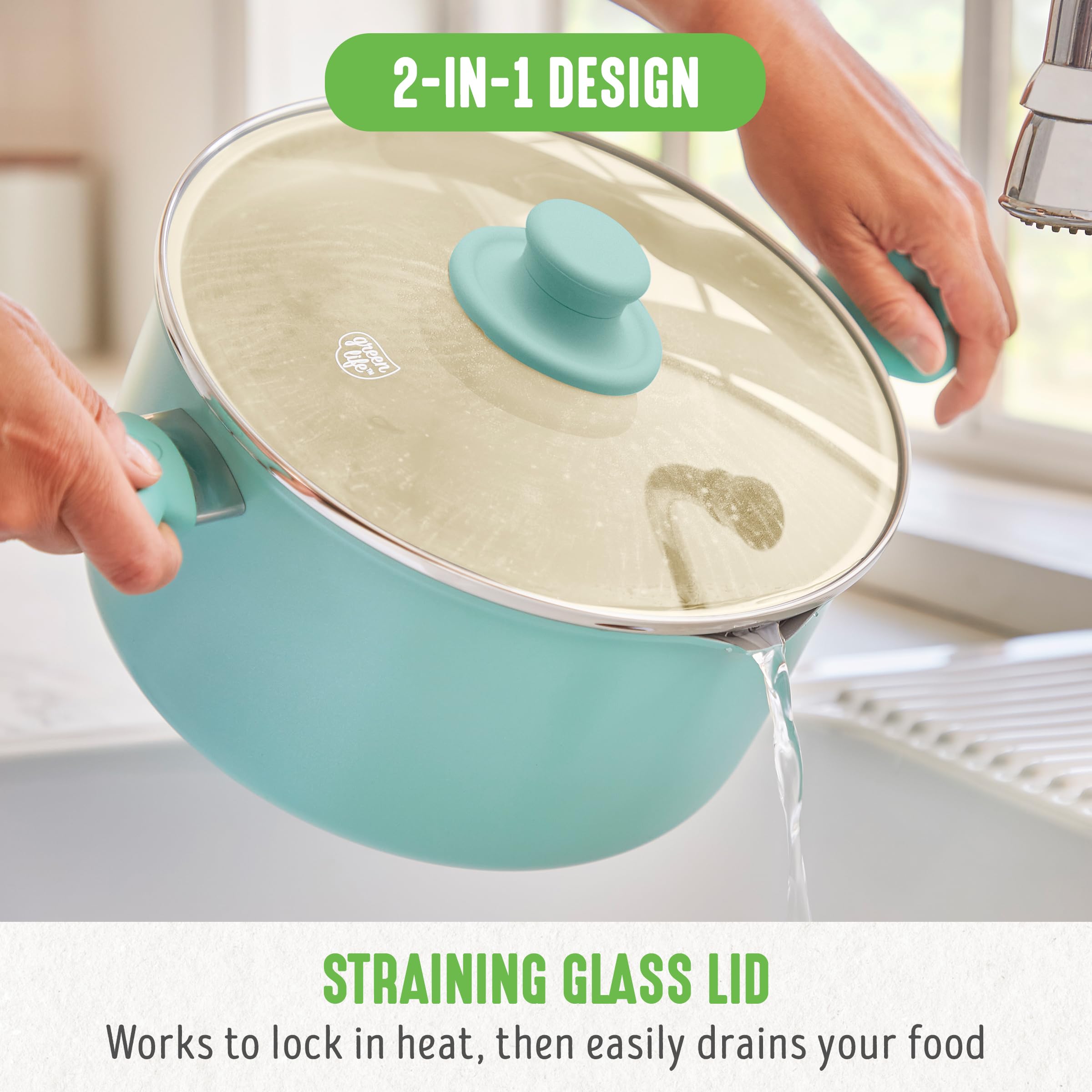GreenLife glass lid being used to drain pasta, convenient straining without a colander benefit