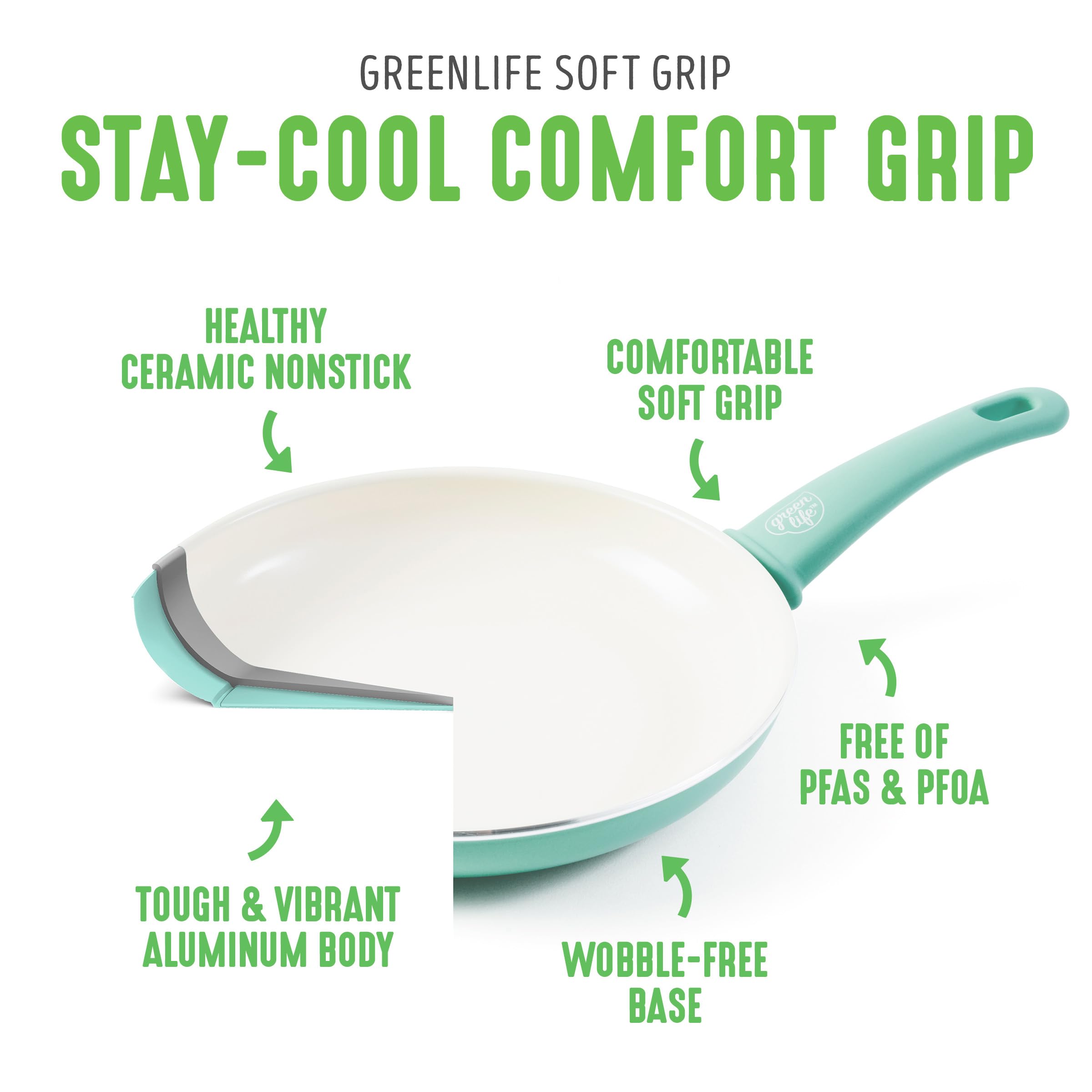 GreenLife ceramic nonstick interior close-up, smooth surface for effortless release benefit