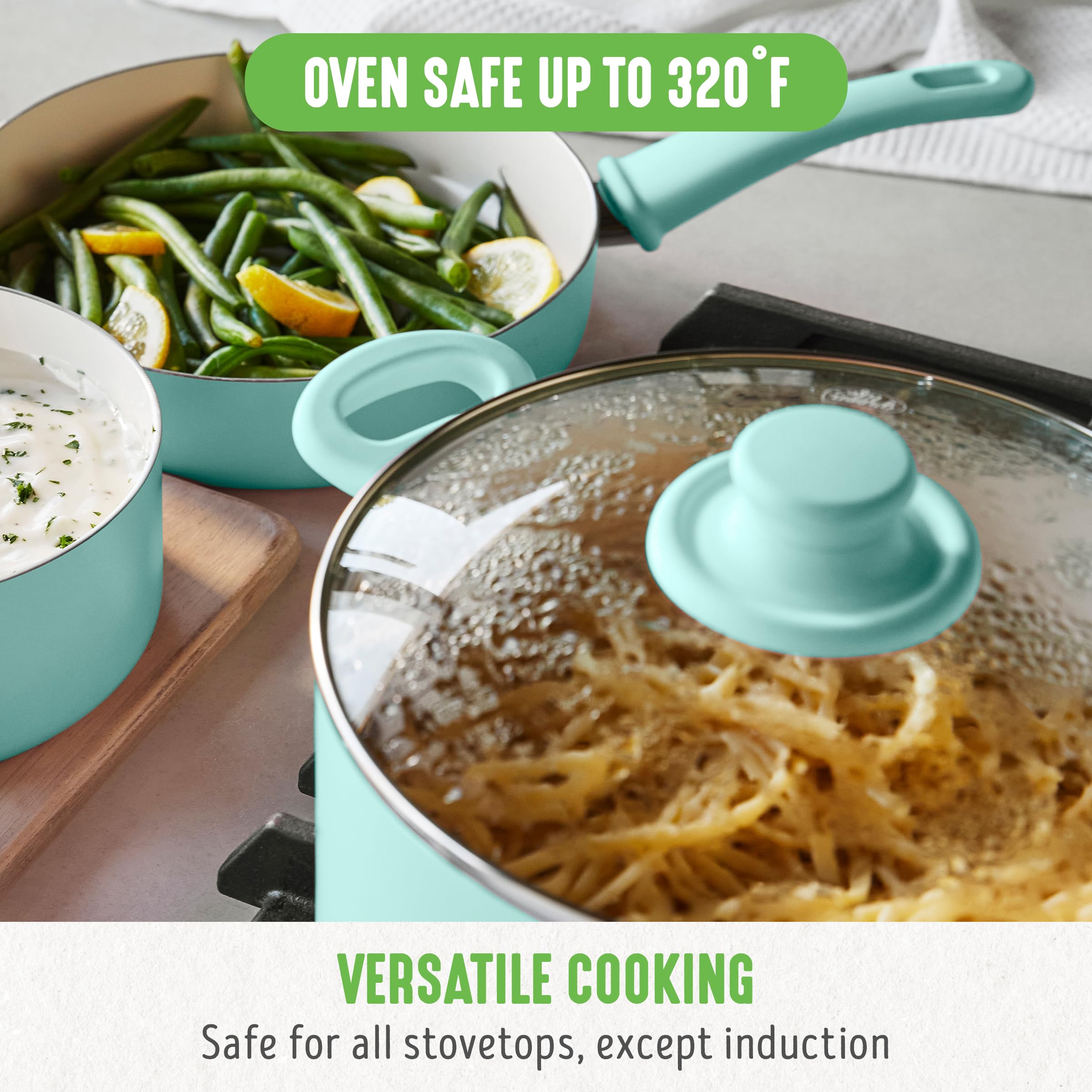 GreenLife stockpot next to common kitchen items for scale, clear capacity and proportion benefit