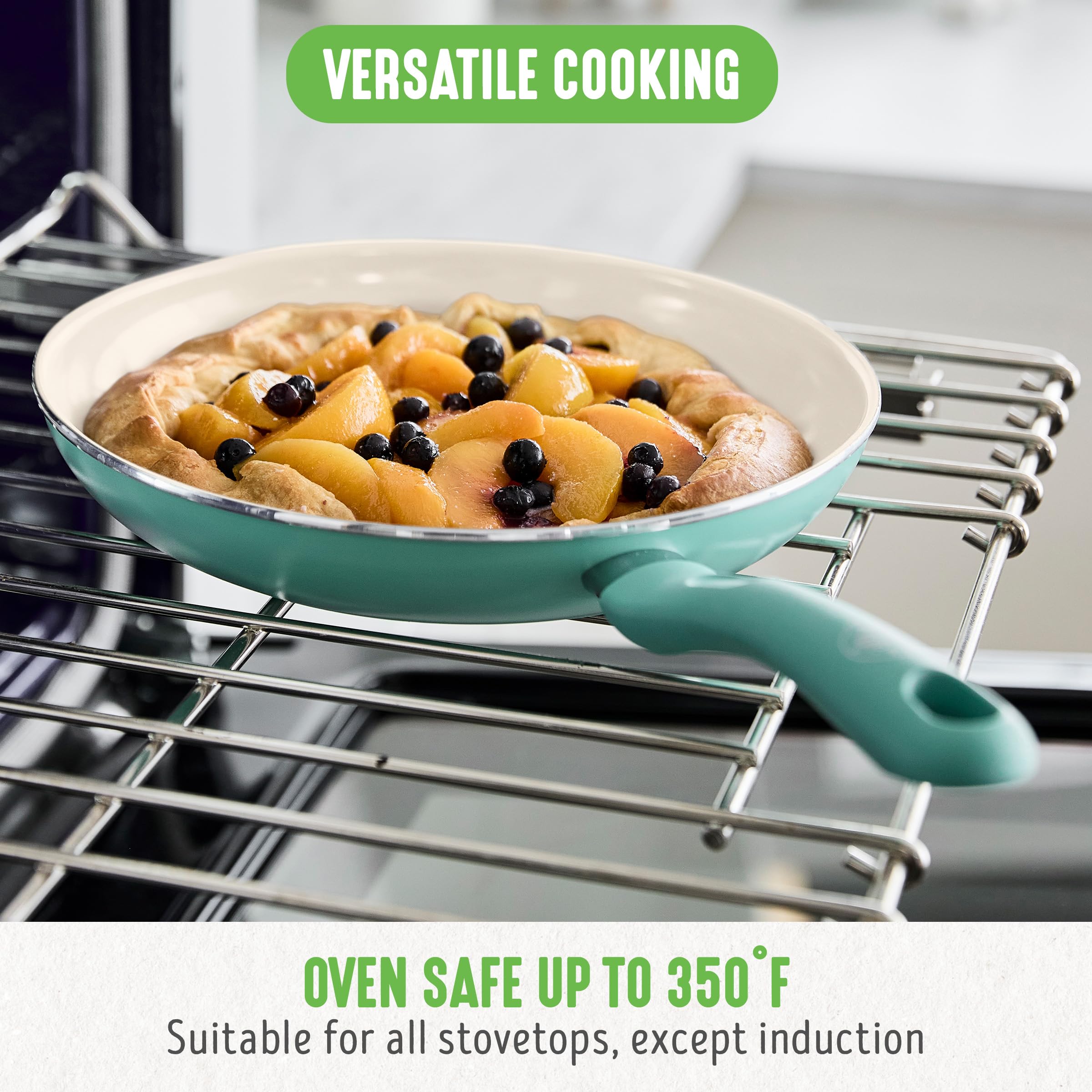 GreenLife pan in use frying eggs to demonstrate effortless nonstick release