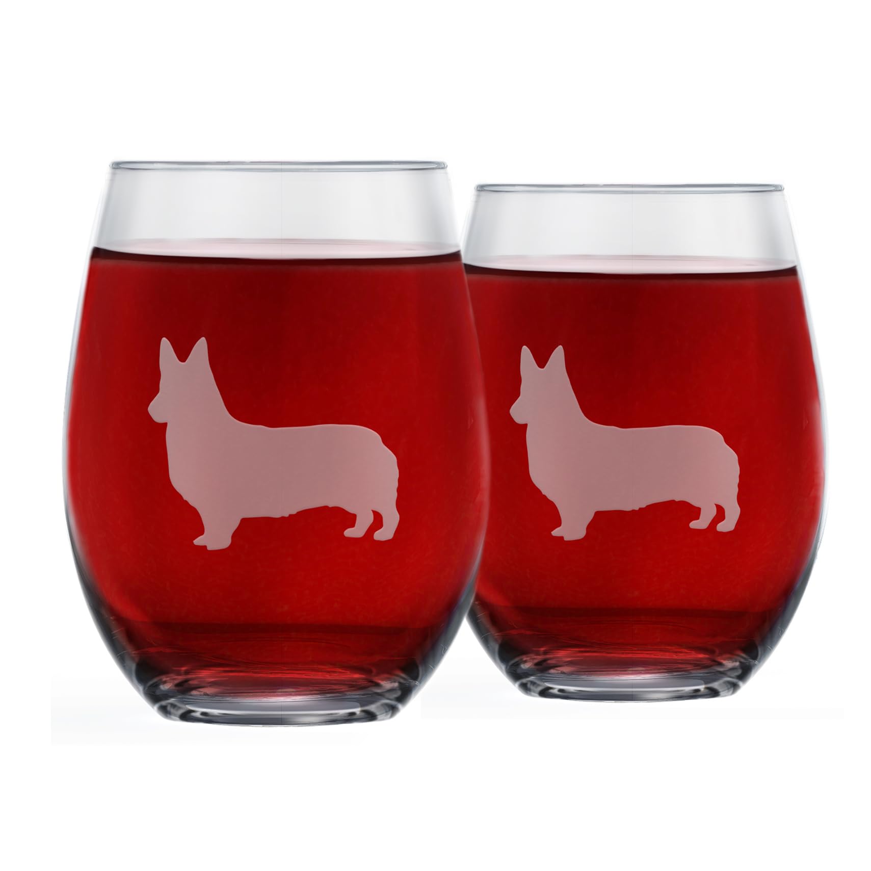 Greenline Goods front view of two Corgi stemless glasses showing packaging benefit