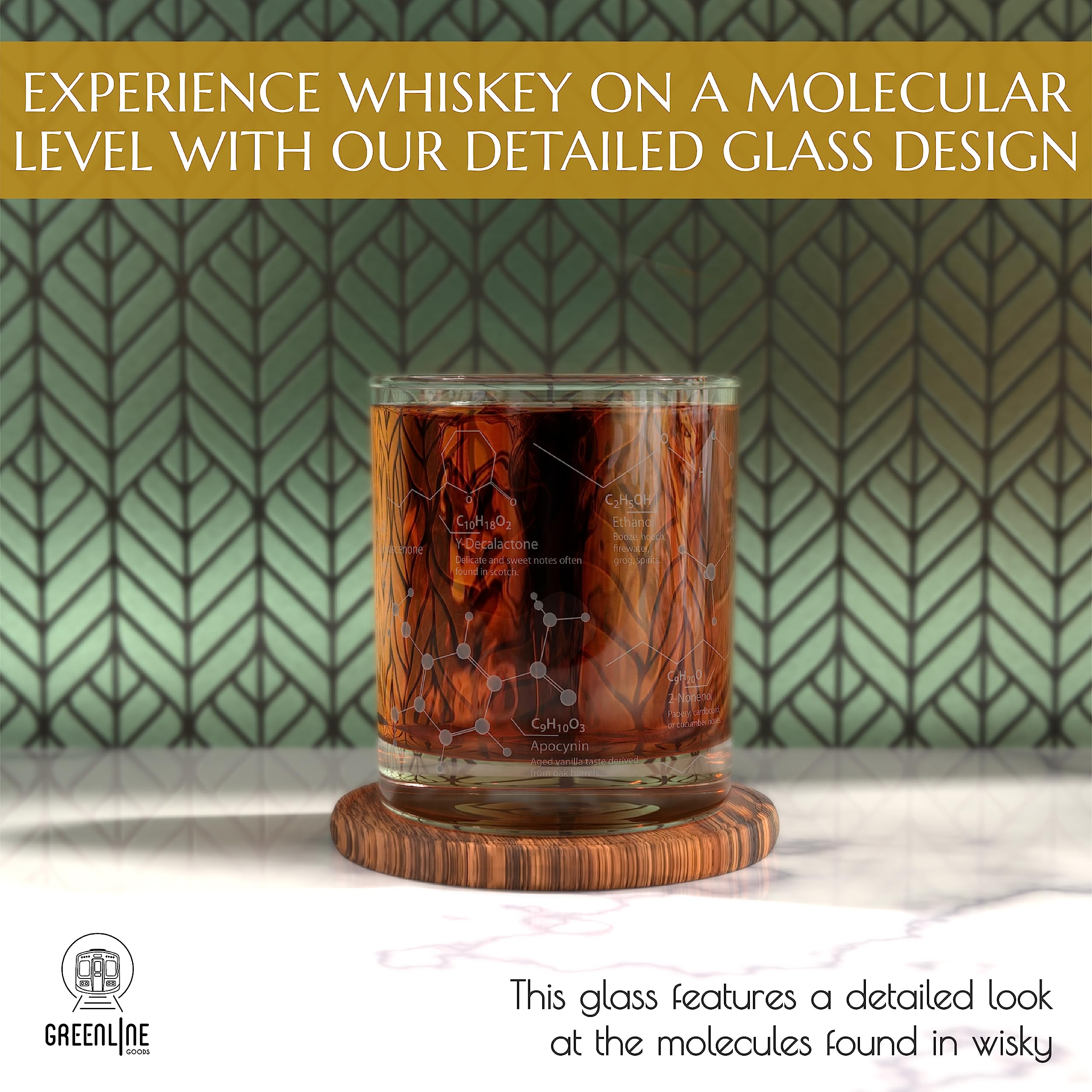 Greenline Goods close-up of sand-etched whiskey molecules showing crisp detail and educational design
