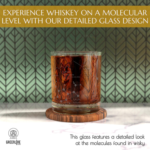 Greenline Goods close-up of sand-etched whiskey molecules showing crisp detail and educational design