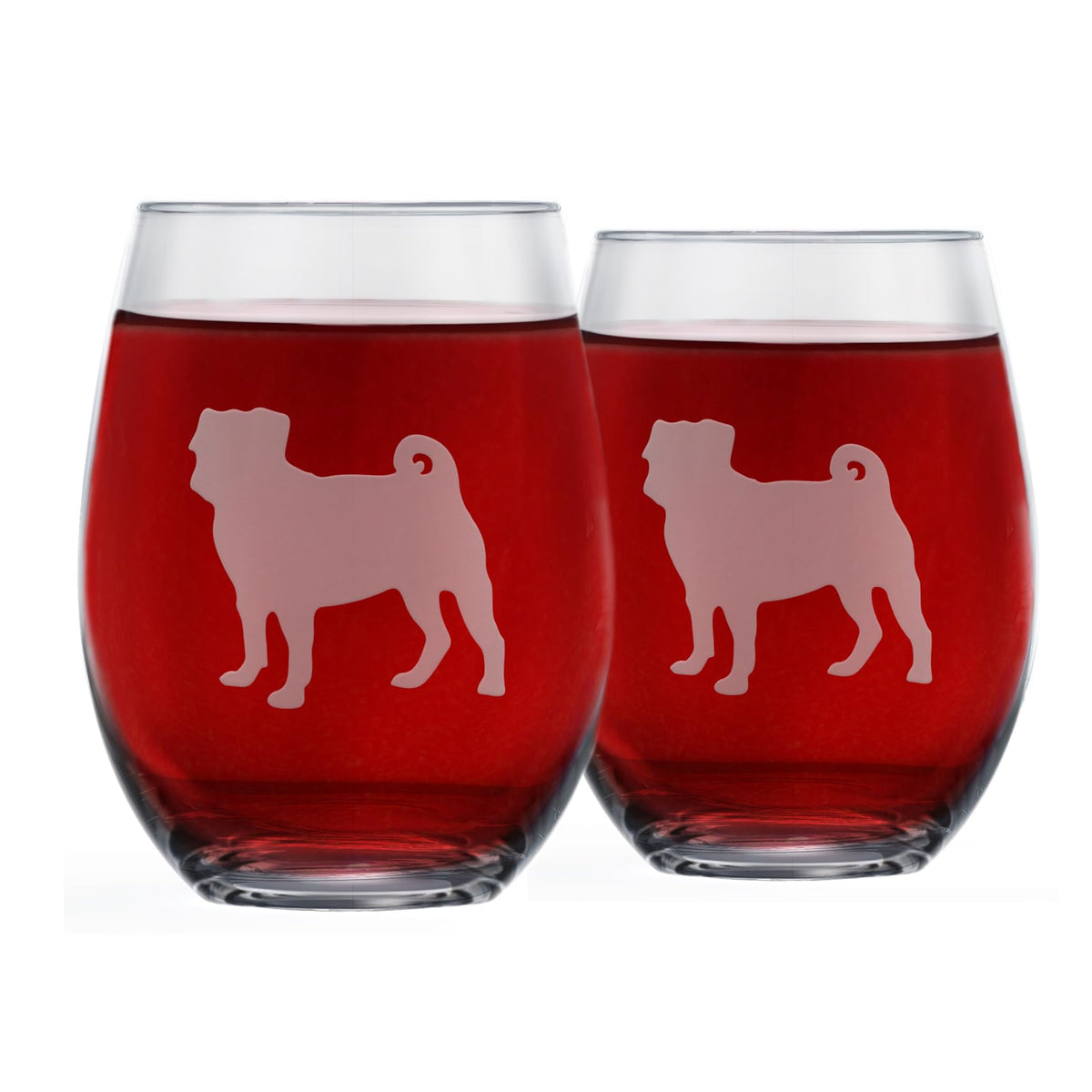 Greenline Goods glass set front view showing etched Pug silhouettes and clear crystal for elegant gifting