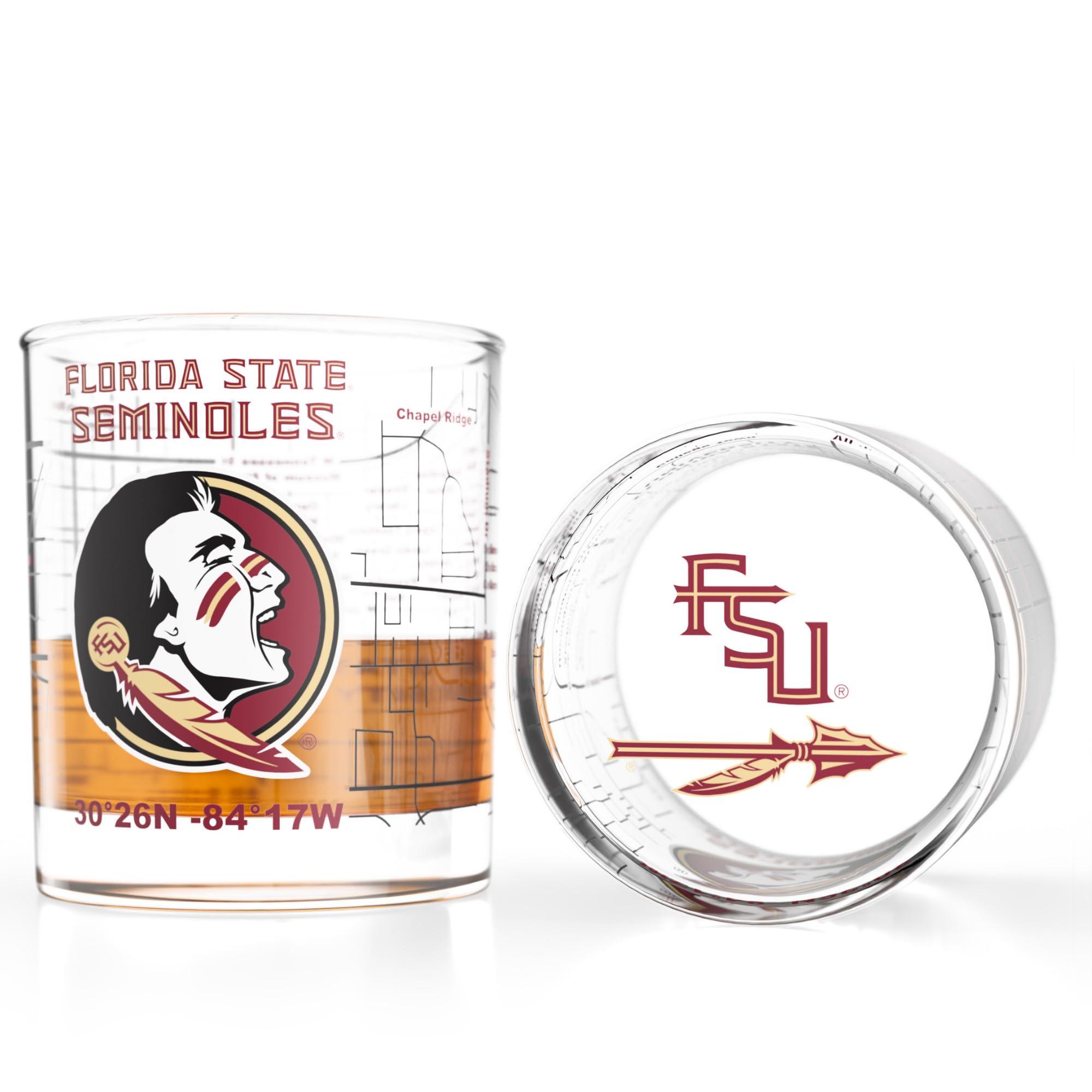 Greenline Goods FSU glasses front view showing full-color campus map and logo, perfect for gifting