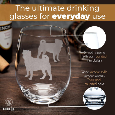 Two Greenline Goods Pug glasses clinking in a toast, showing sturdy stemless design for safer entertaining