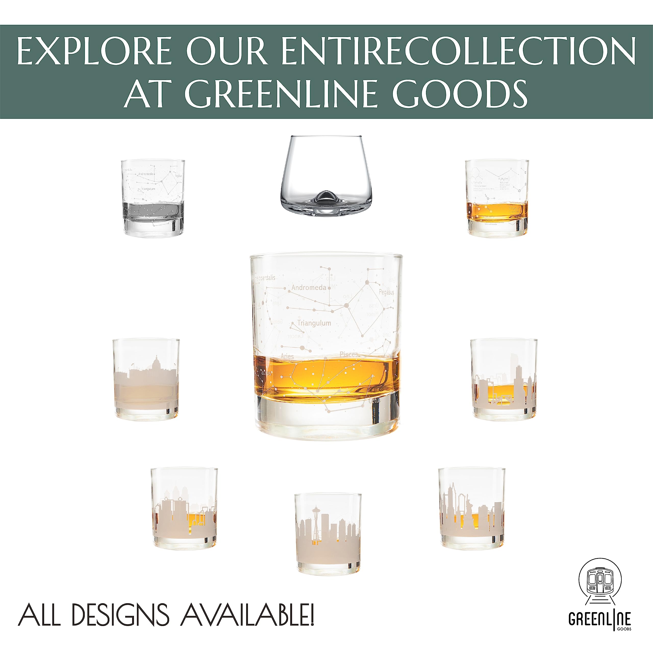Greenline Goods lifestyle tabletop with glasses under night-sky motif creating atmospheric gifting vibe