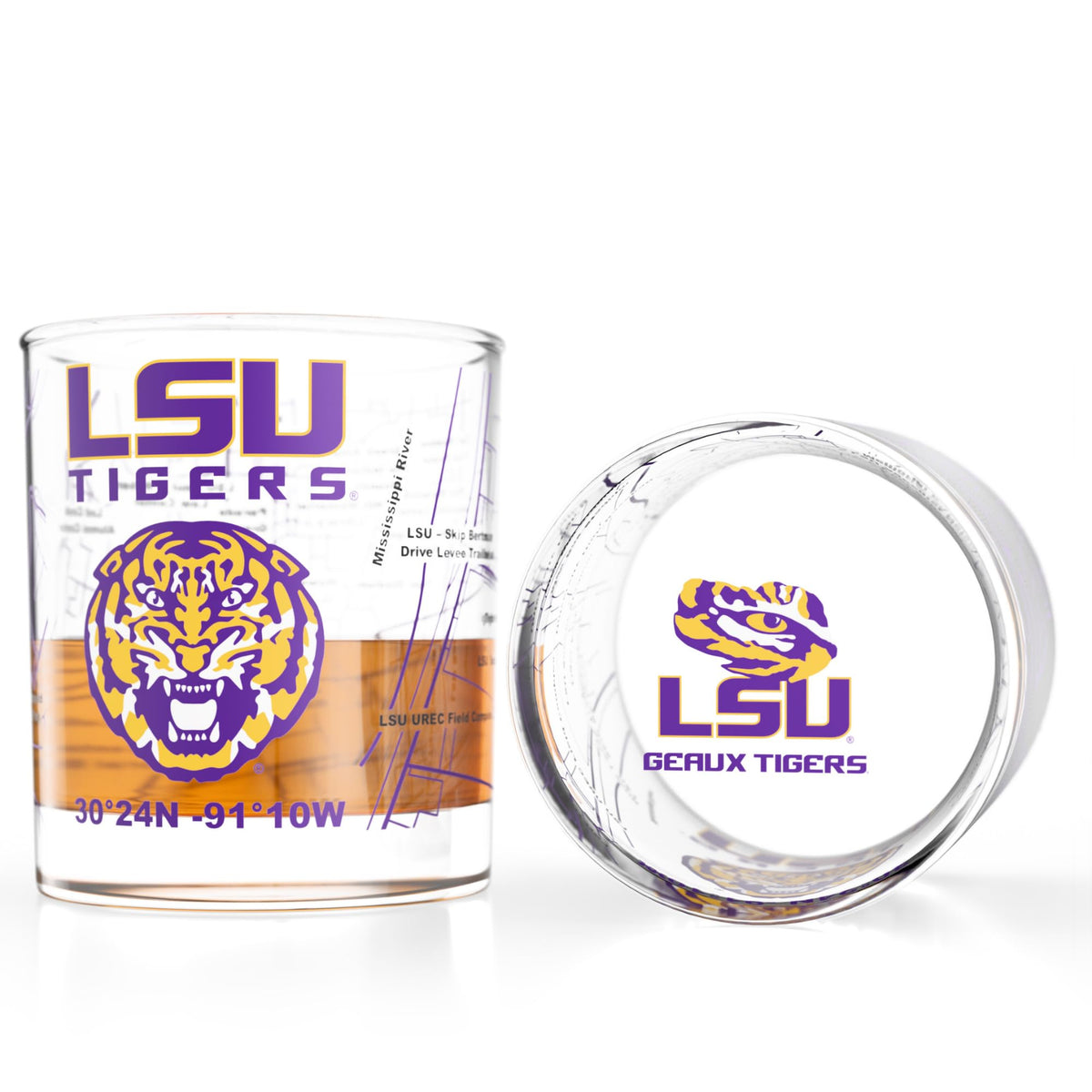 Greenline Goods LSU glass front view showing logo and clear map — perfect display