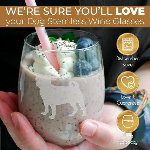 Hand holds a Greenline Goods Pug stemless glass to show scale and comfortable grip for everyday use