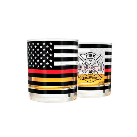 Greenline Goods front view of two glasses showing firefighter flag and support