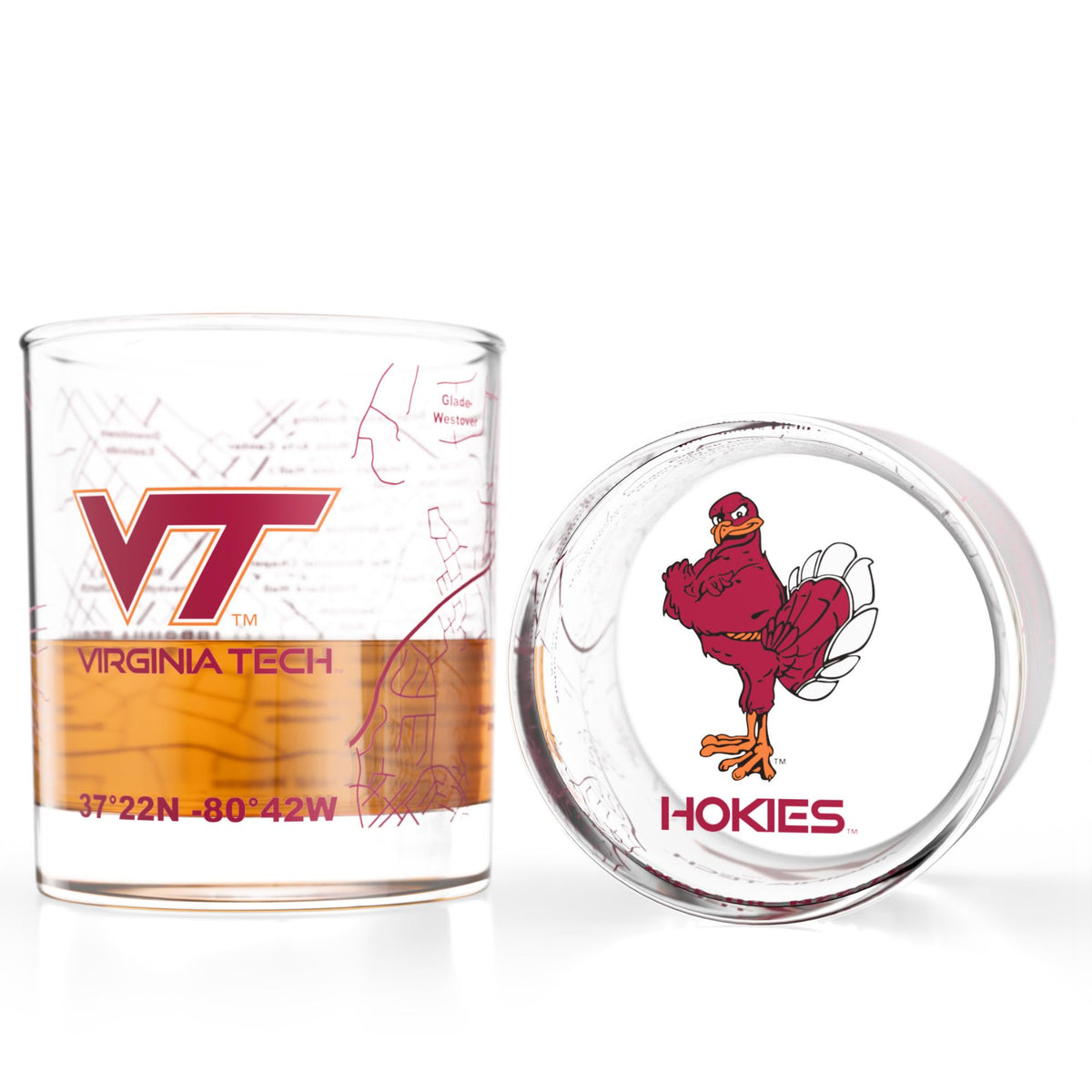 Greenline Goods front view of glasses showing Hokies logo and clear design benefit