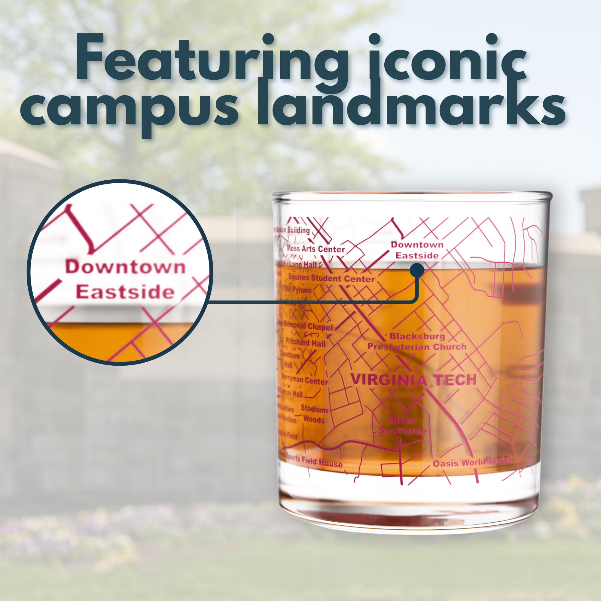 Greenline Goods base detail showing printed Virginia Tech logo and stable weighted bottom benefit