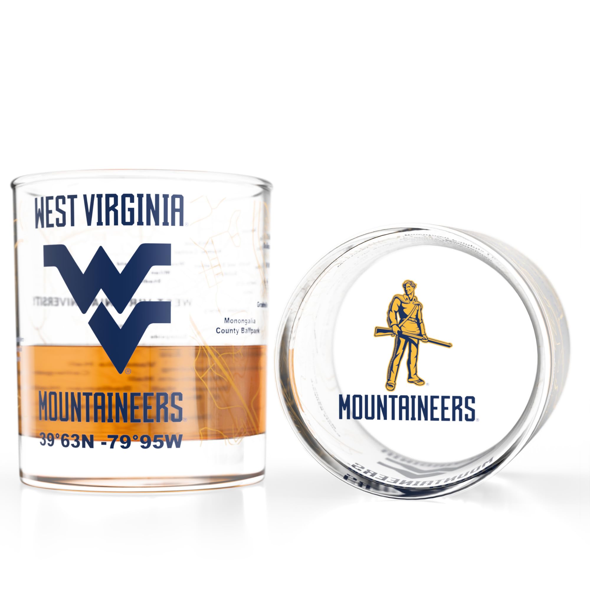Greenline Goods WVU glass front with Mountaineers logo, shows team pride