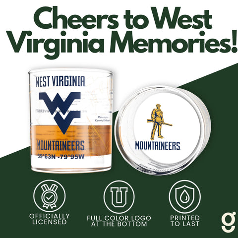 Greenline Goods WVU glasses held in hand, demonstrates 10 oz size