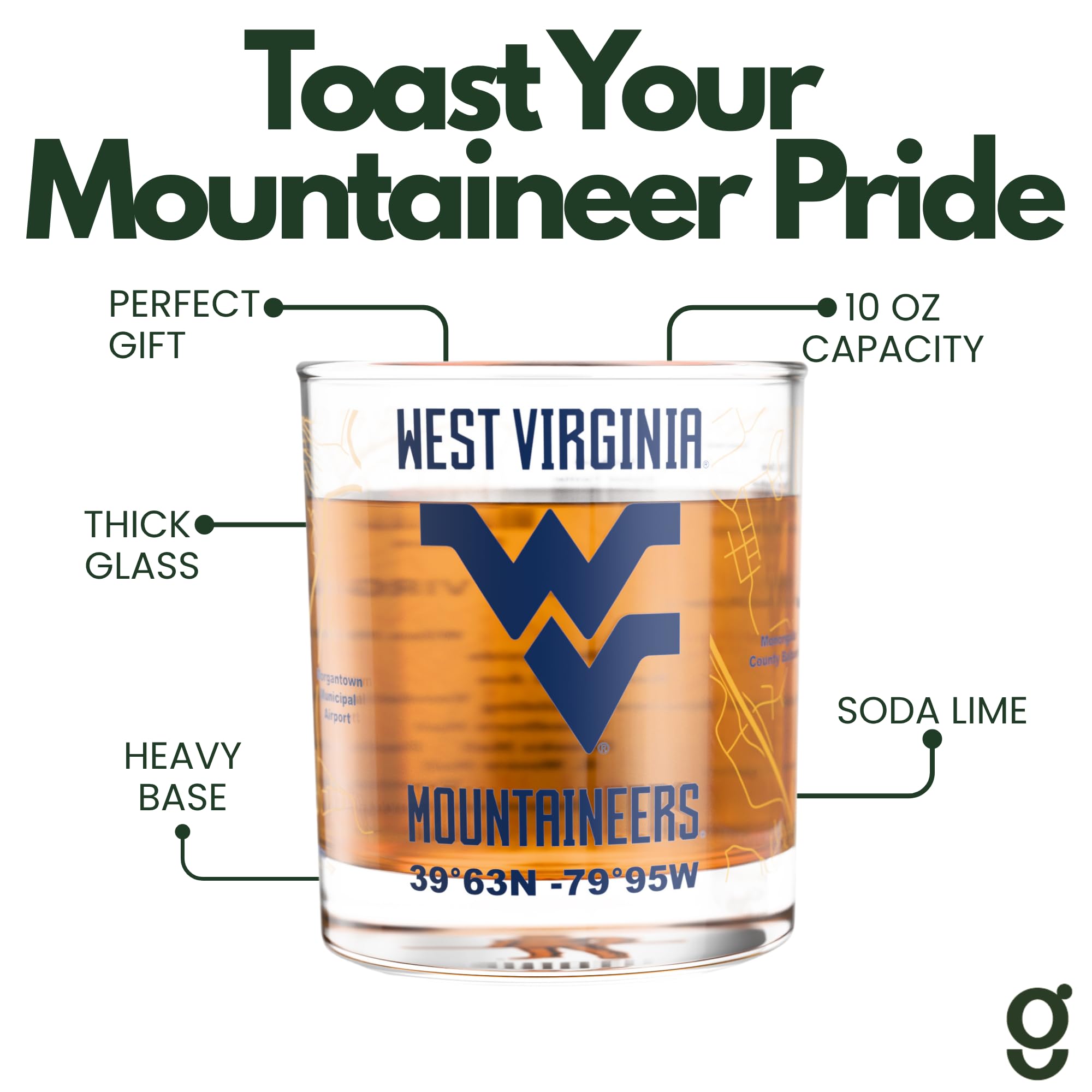 Greenline Goods WVU glass close-up of full-color campus map, highlights detail