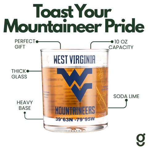 Greenline Goods WVU glass close-up of full-color campus map, highlights detail