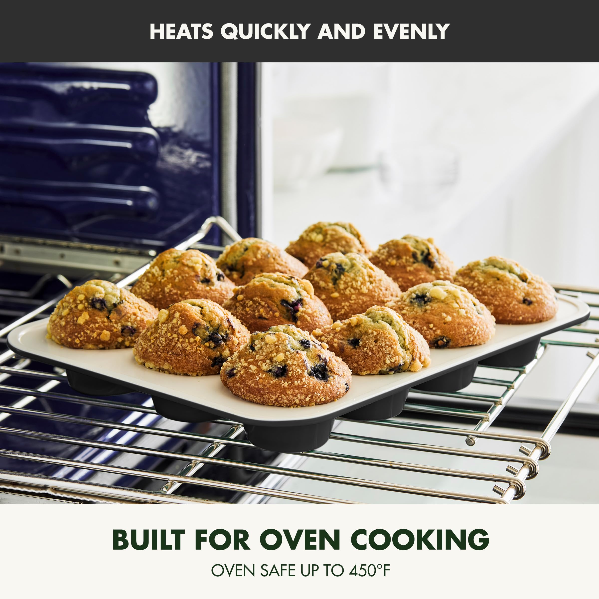 GreenPan Bakewell inverted pan with muffins popping out showing effortless release