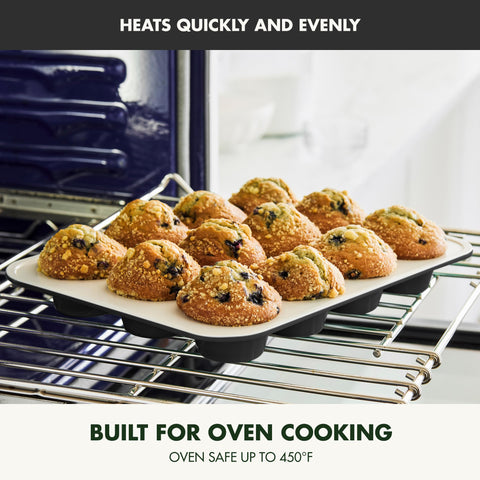 GreenPan Bakewell inverted pan with muffins popping out showing effortless release