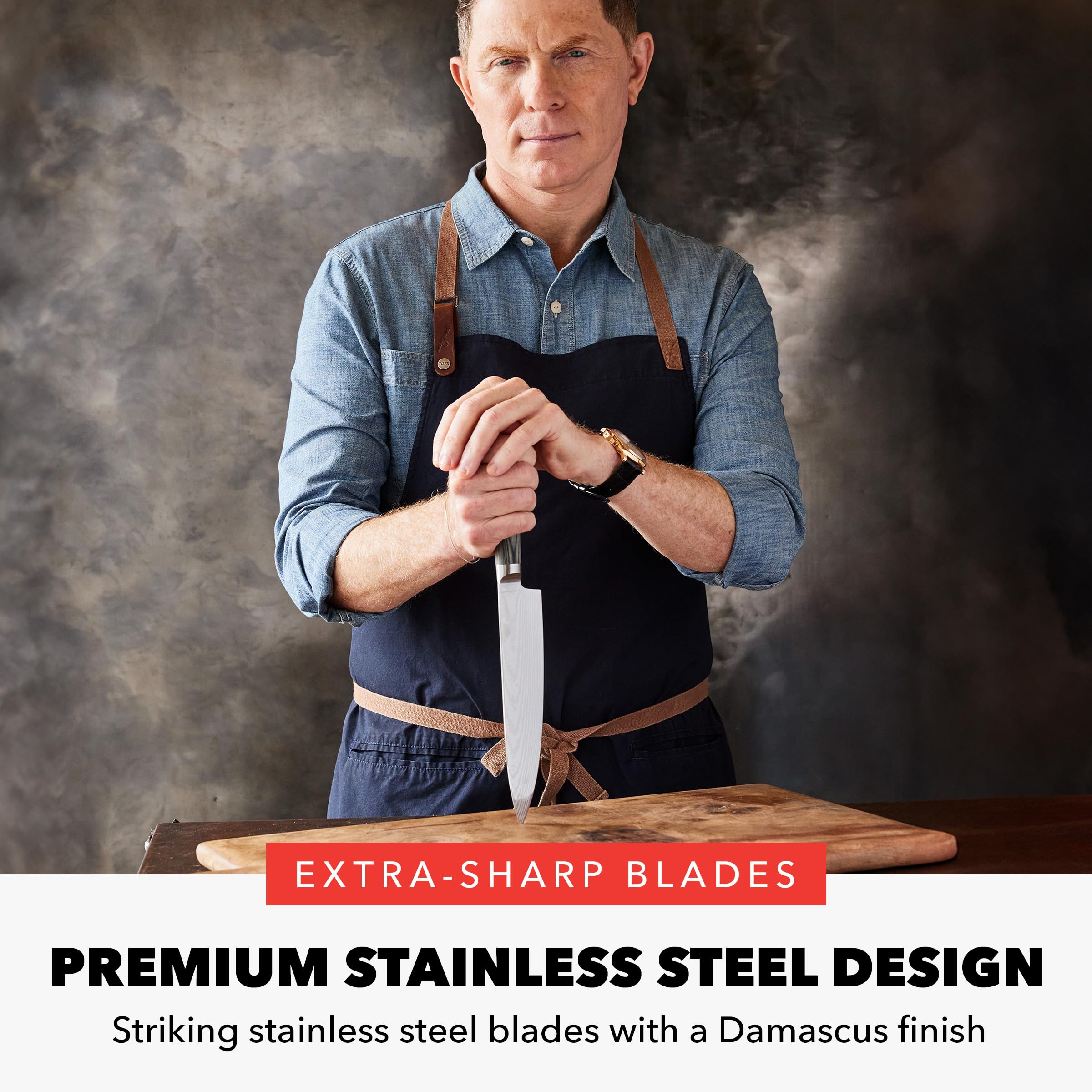 GreenPan Bobby Flay blade close-up with Damascus pattern for smoother cuts