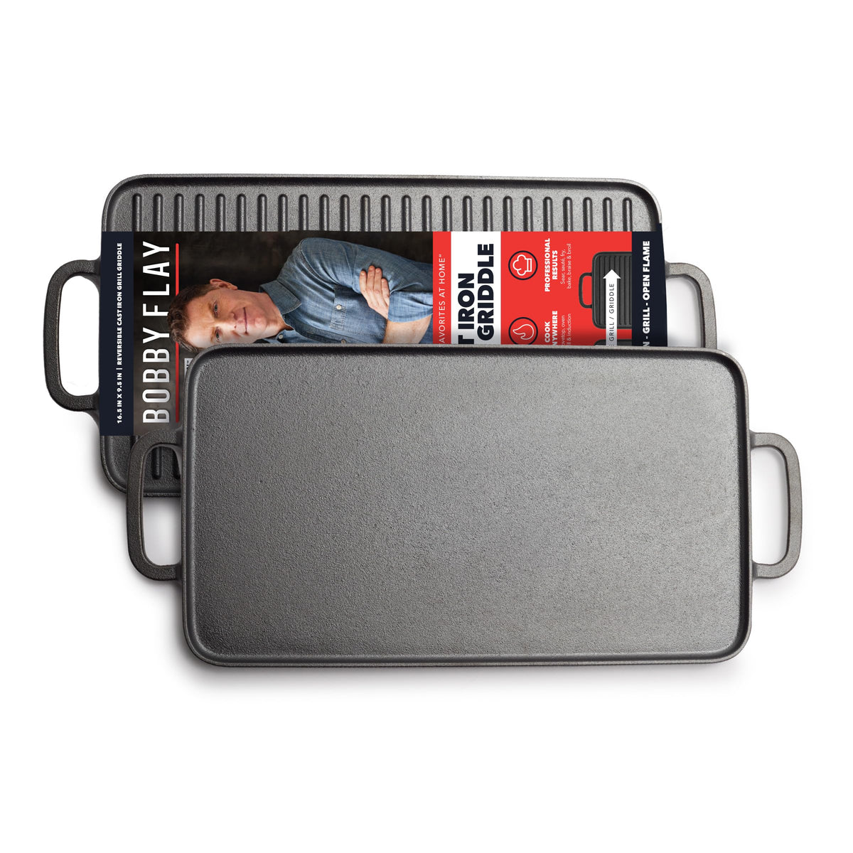 GreenPan Bobby Flay front view showing reversible grill and griddle, versatile cooking