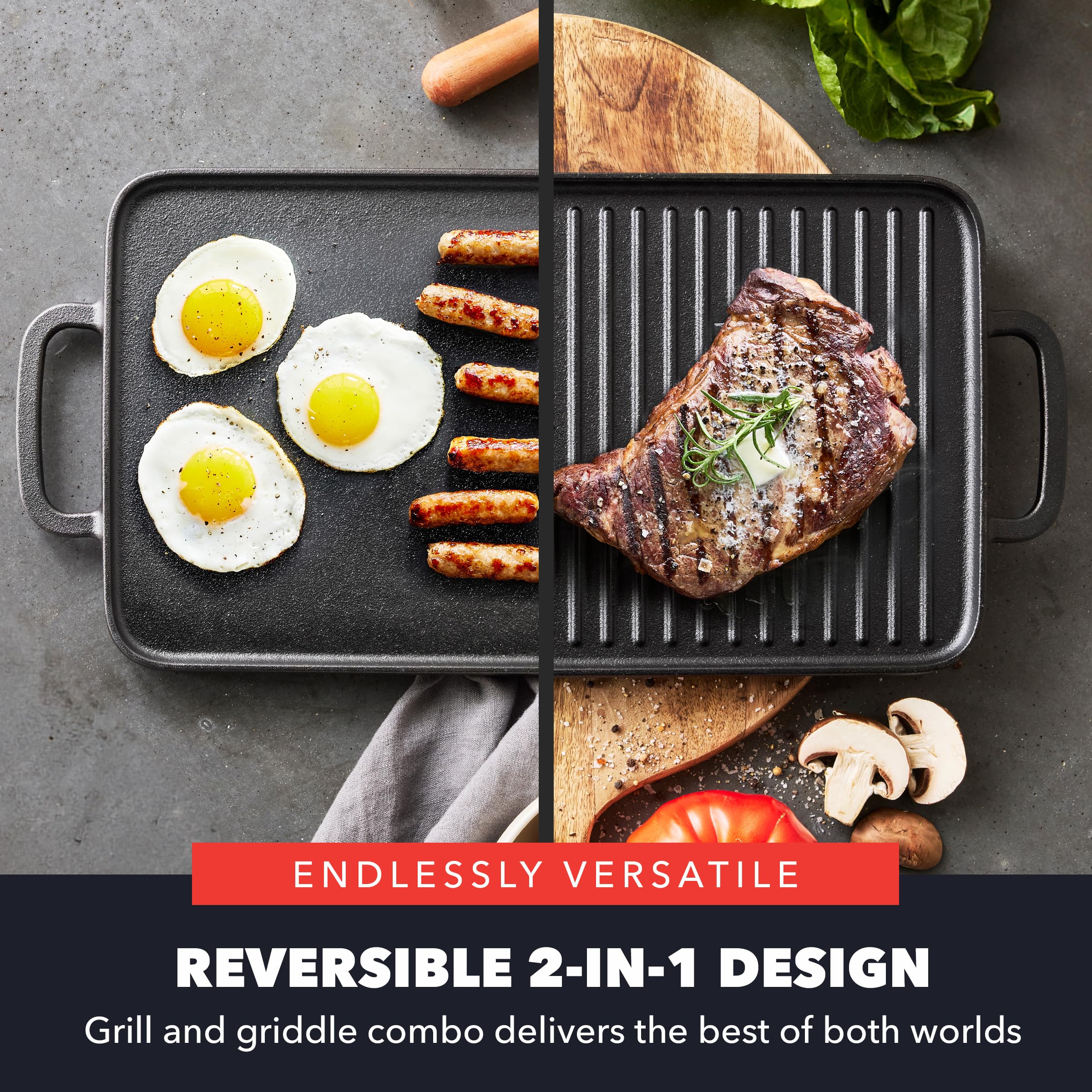 GreenPan Bobby Flay flat griddle close-up showing smooth surface, ideal for eggs