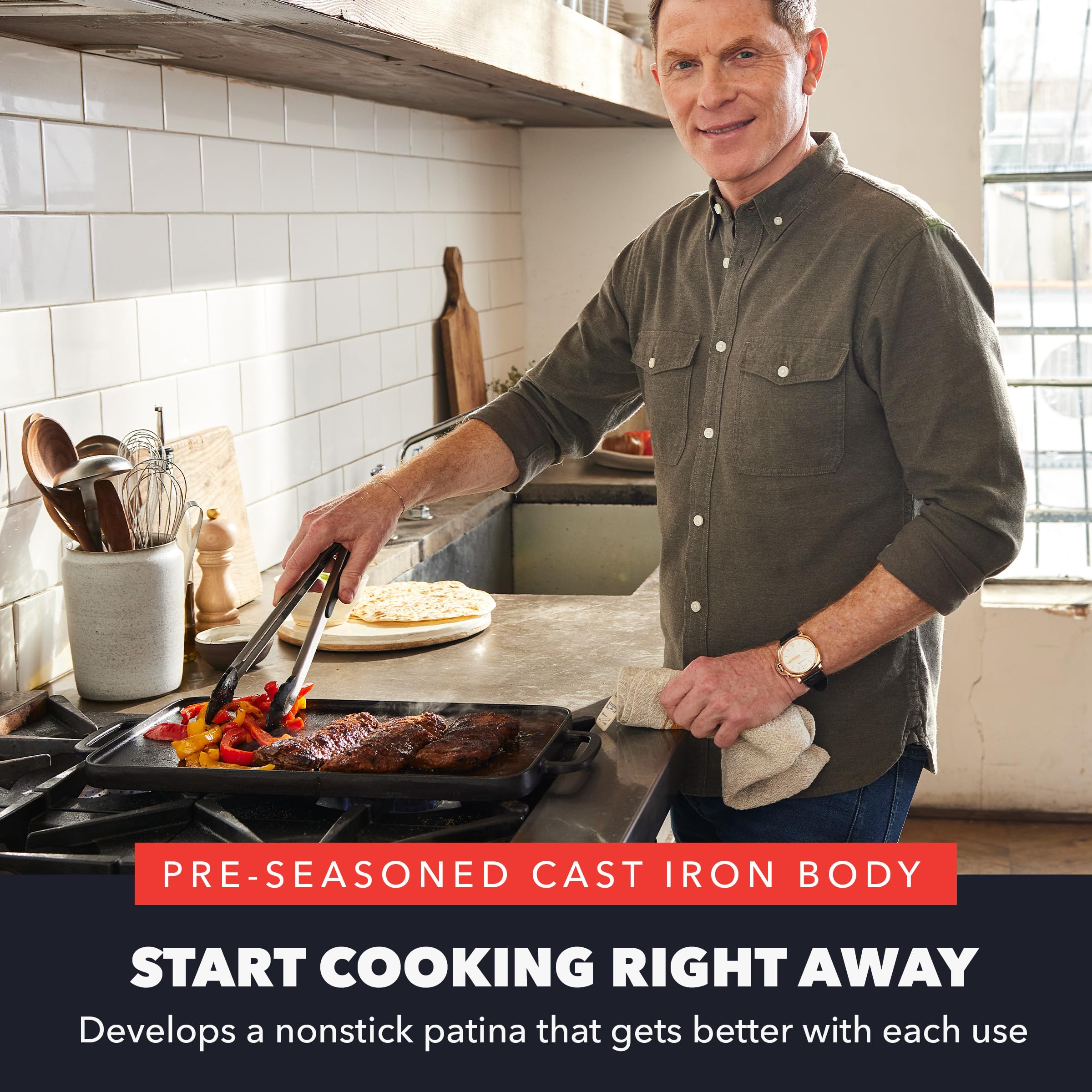 GreenPan Bobby Flay grill side close-up showing high ridges, even searing benefit