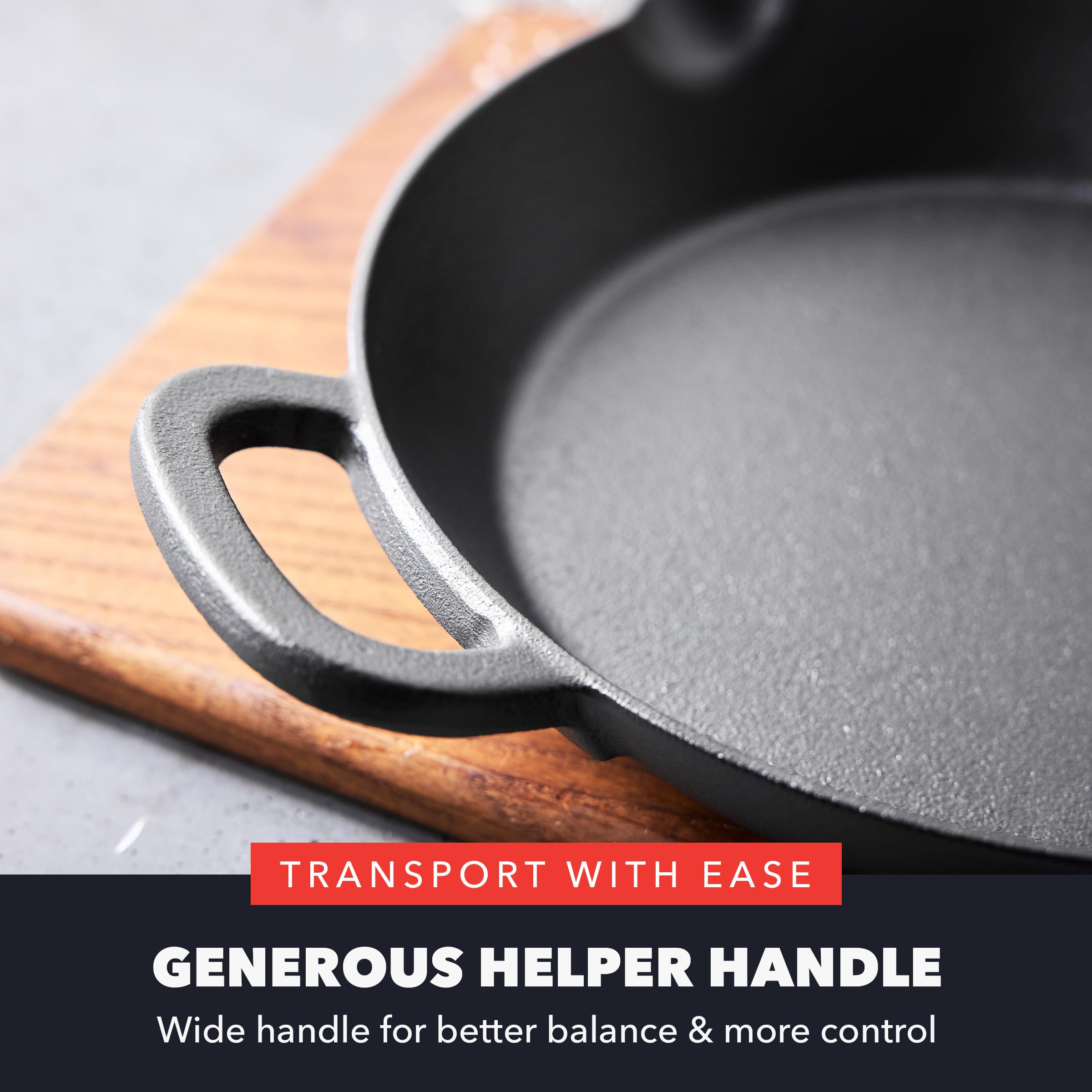 GreenPan helper handle close-up showing balanced lift and safer two-handed control