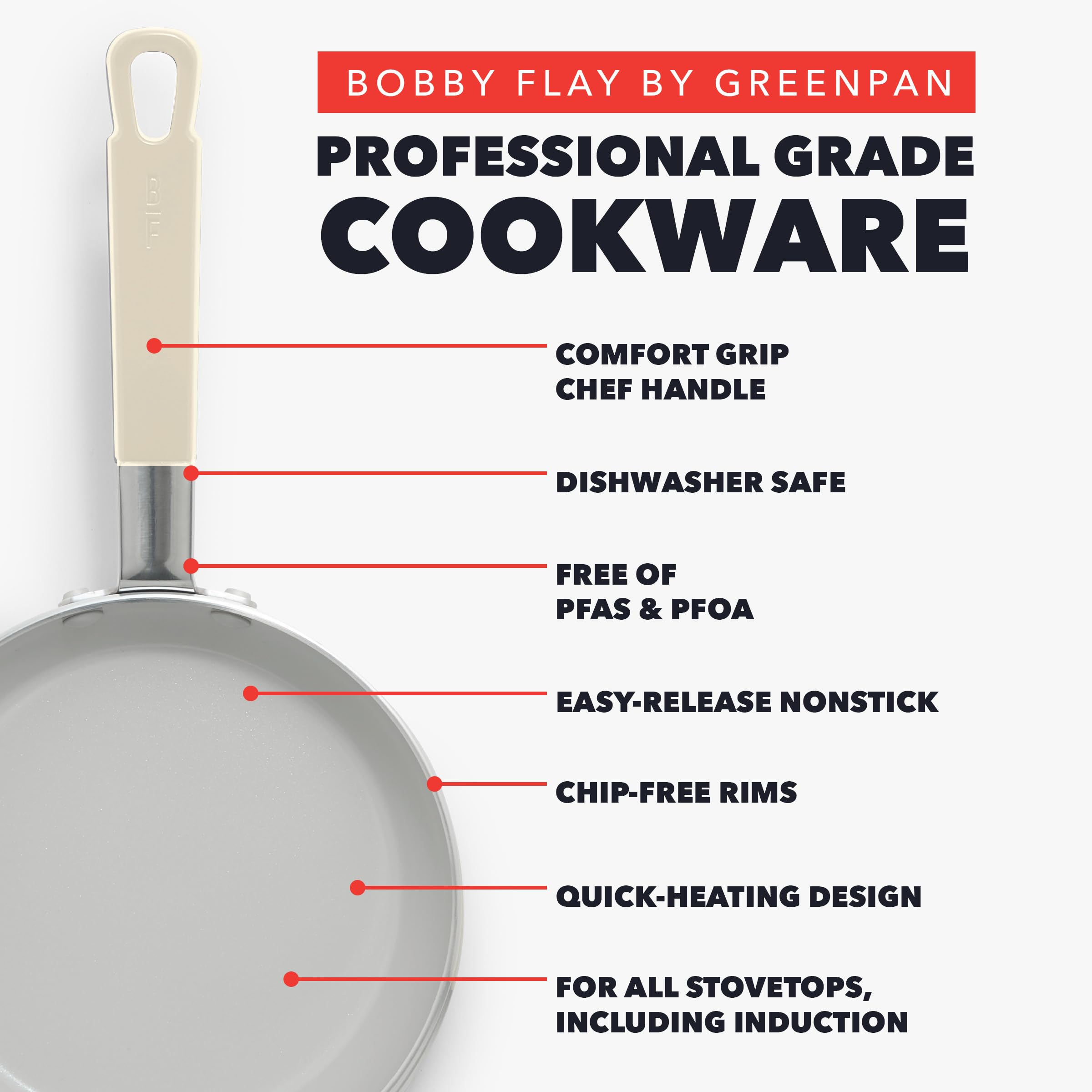 GreenPan x Bobby Flay sauté pan with helper handle showing secure lift and oven transfer benefit