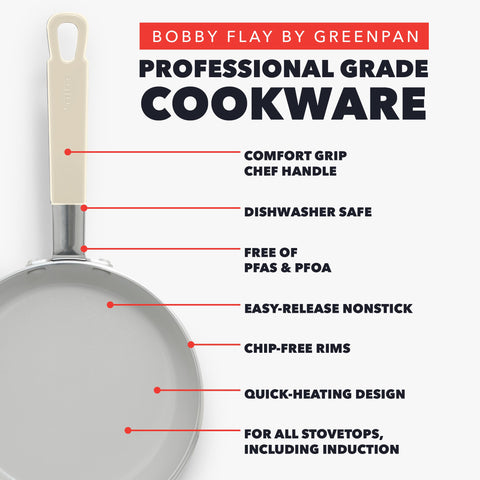 GreenPan x Bobby Flay sauté pan with helper handle showing secure lift and oven transfer benefit