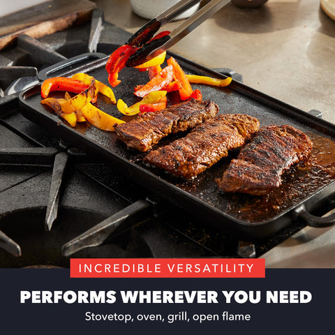 GreenPan Bobby Flay serving family-style with food on pan, efficient batch cooking