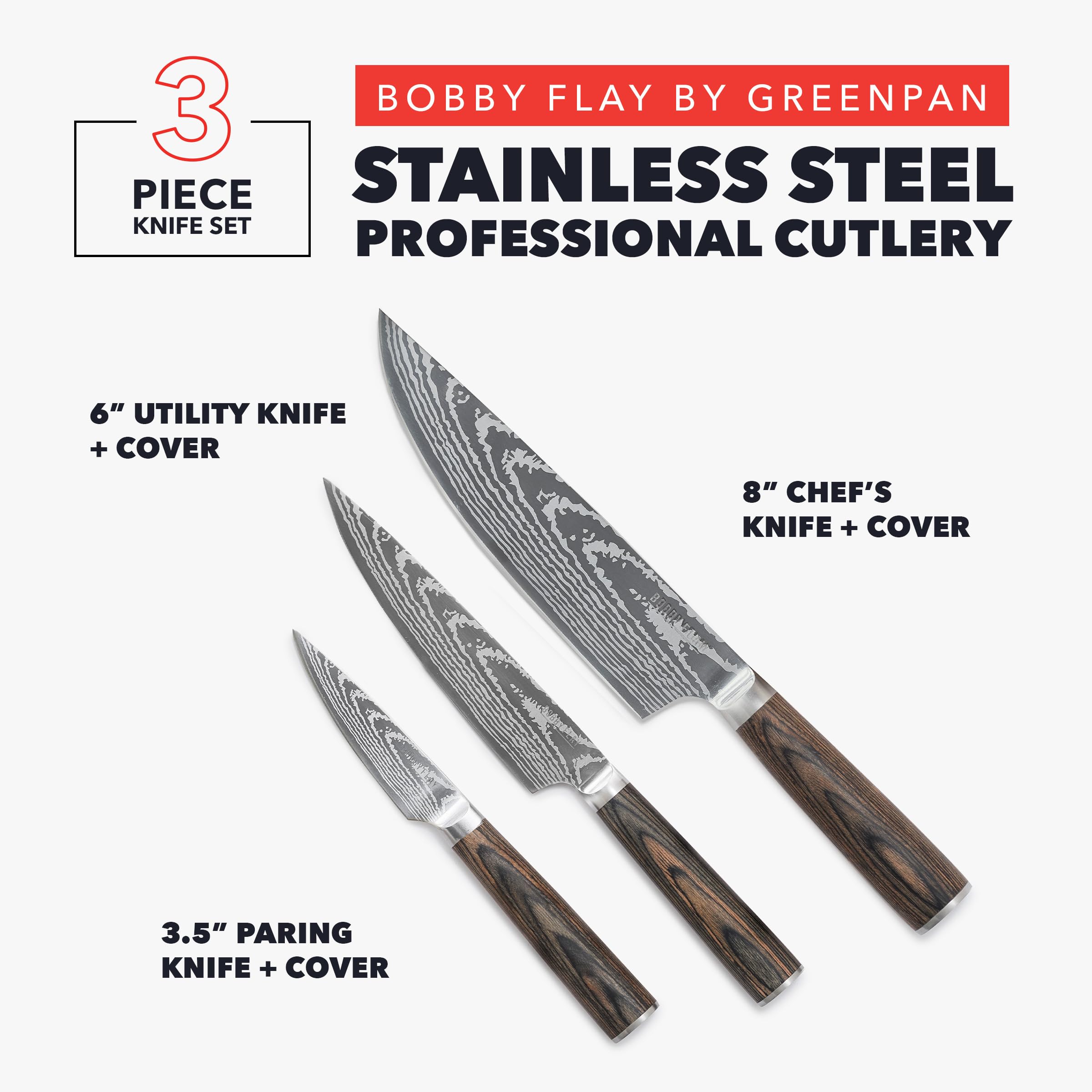 GreenPan Bobby Flay three knives laid out to show size and versatility