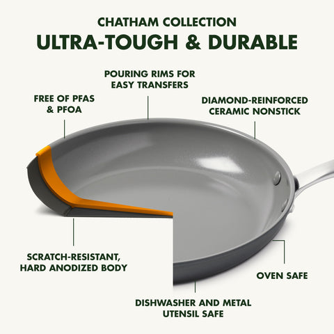 GreenPan 8 and 9 inch frypans stacked to show space-saving storage
