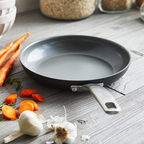 GreenPan Chatham close-up of stainless handle offering secure grip and oven-safe comfort