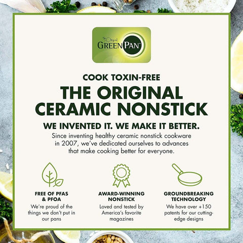 GreenPan Chatham packaging and label highlighting PFAS-free, dishwasher-safe feature benefits