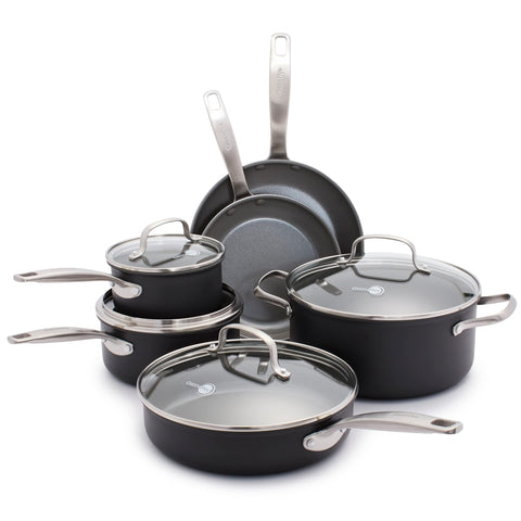 GreenPan front packaging showing the complete 10-piece set and benefits