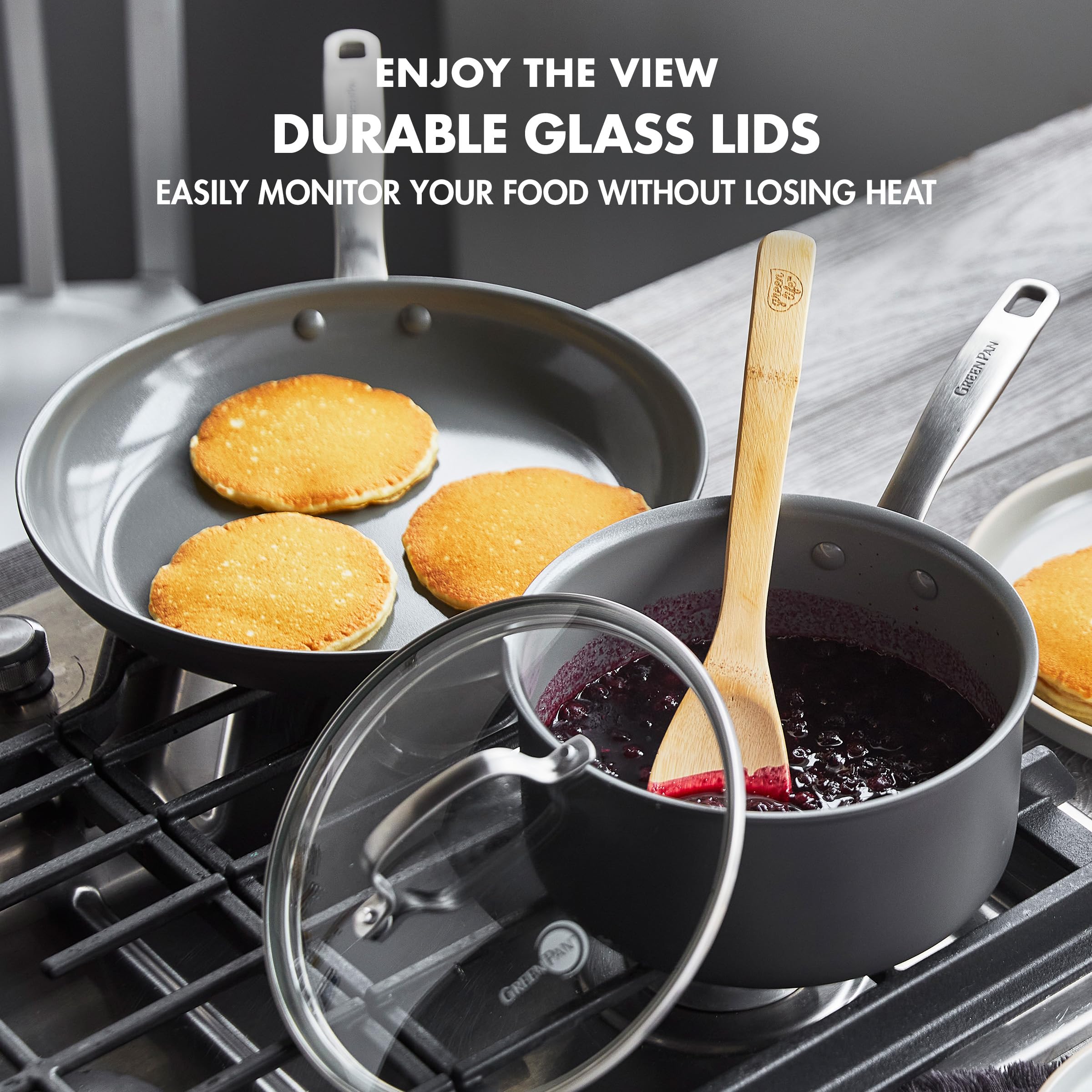 GreenPan glass lid view allowing food monitoring while retaining heat
